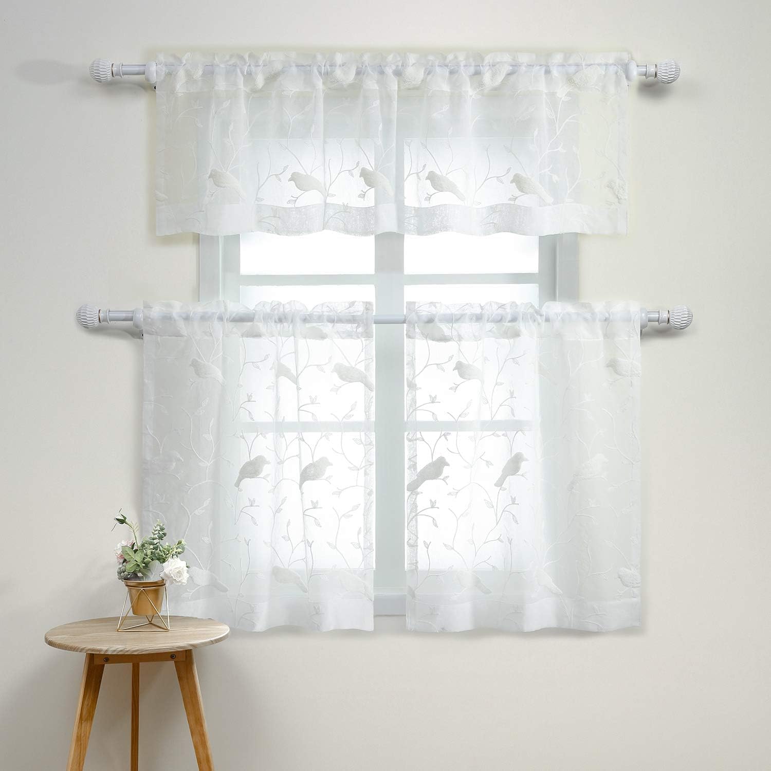 VOGOL White Sheer Valance Tier Curtains Set, 52 x 18 & 30 x 36 Inches, Light Filtering Window Treatments for Basement, Bundle with 2 Panels Extra Wide Matching Curtains for Sliding Door, Rod Pocket