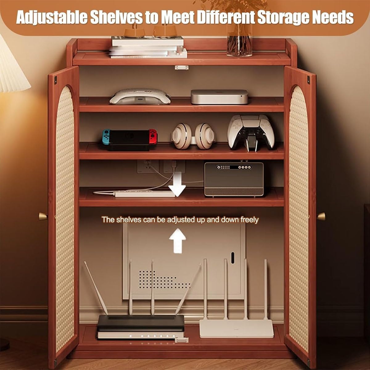 Floor Standing Router Storage Cabinet, Modem Box with Cable Management & Ventilation Design for Home/Office - Brown, 38.2x23.2x9.8in