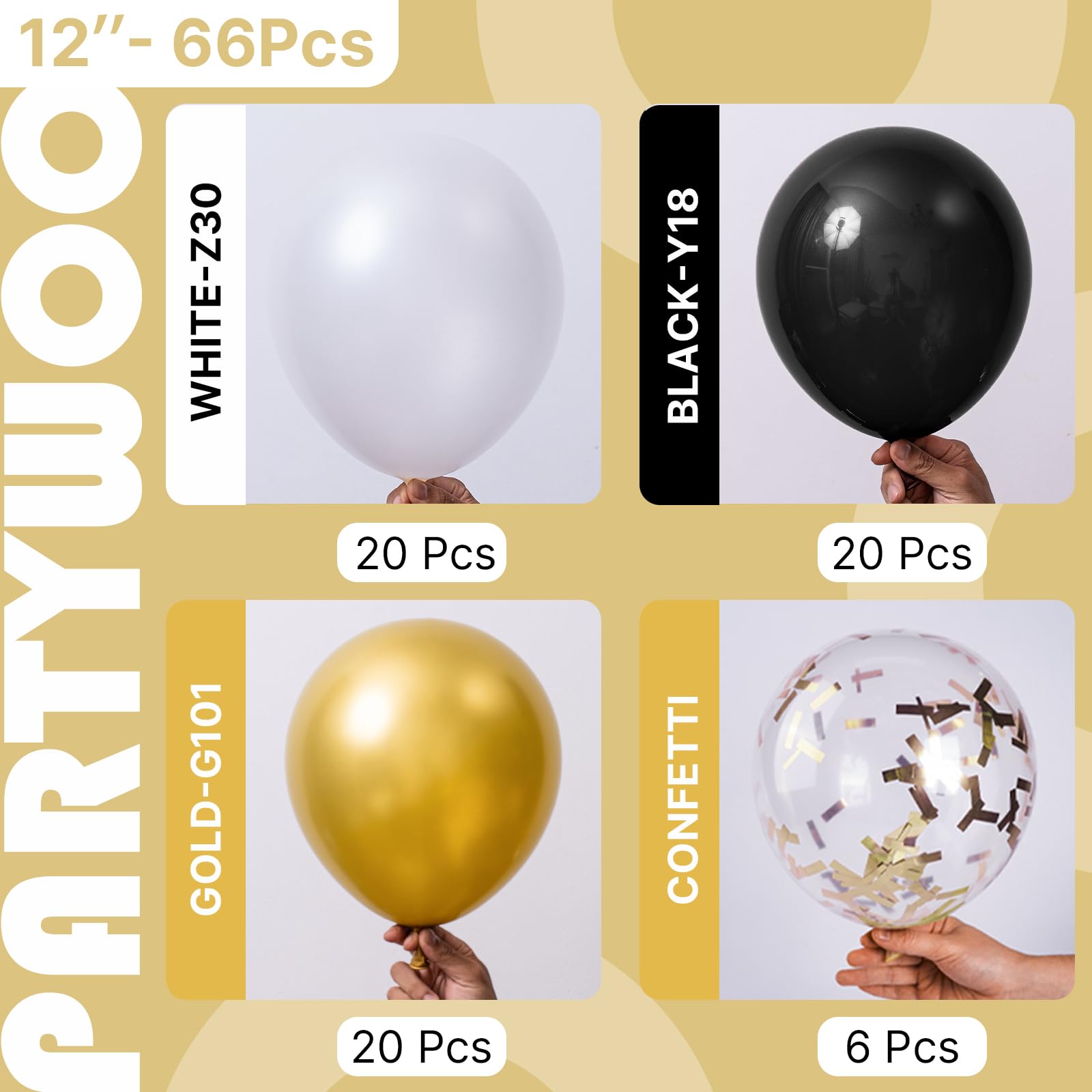 PartyWoo Black Gold and White Balloons 66pcs 12 Inch Pearl White Matte Black Metallic Gold Confetti Balloons for Graduation Gender Reveal Wedding Bridal Shower Baby Shower Birthday Party Decorations