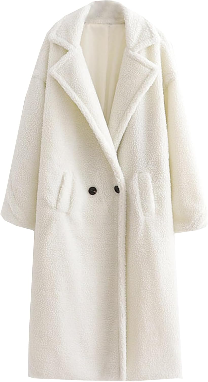 Perbai Women's Fuzzy Fleece Winter Coat Lapel Long Sleeve Double Breasted Faux Fur Sherpa Jacket Peacoat