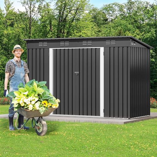 DWVO 9' x 4' Outdoor Storage Shed with Windows, Lockable Double Doors, Sloped Roof, Heavy-Duty Steel Shed for Garden & Patio, Large Backyard Tool Organizer, Dark Gray by DWVO - Image 3