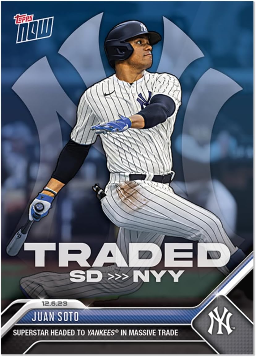 2023 Topps Now Juan Soto #OS-20 -Superstar Headed to Yankees in Massive Trade - 1st Card in a Yankee Uniform - 12/6/23 - Baseball Trading Card- New York Yankees. Card Shipped in Protective Screwdown Holder.
