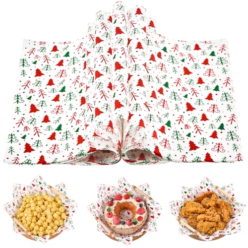CLUEWR 100 Sheets Christmas Wax Paper, 10 x 10 Inches Deli Food Wrapping Paper Grease Proof Basket Liners for Holiday Cookies, Sandwiches (Christmas Tree)