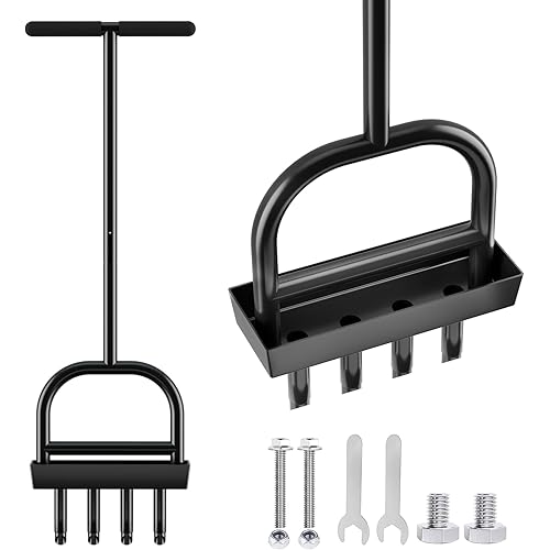 Lawn Aerator Coring Tool with Soil Core Storage Tray,4 Tine Stainless Steel Manual Garden Plug Aerator for Yard Grass,Lawn Coring Aeration for Soil Aeration,Lawn Care Cleaning,Compacted Soil(Black)