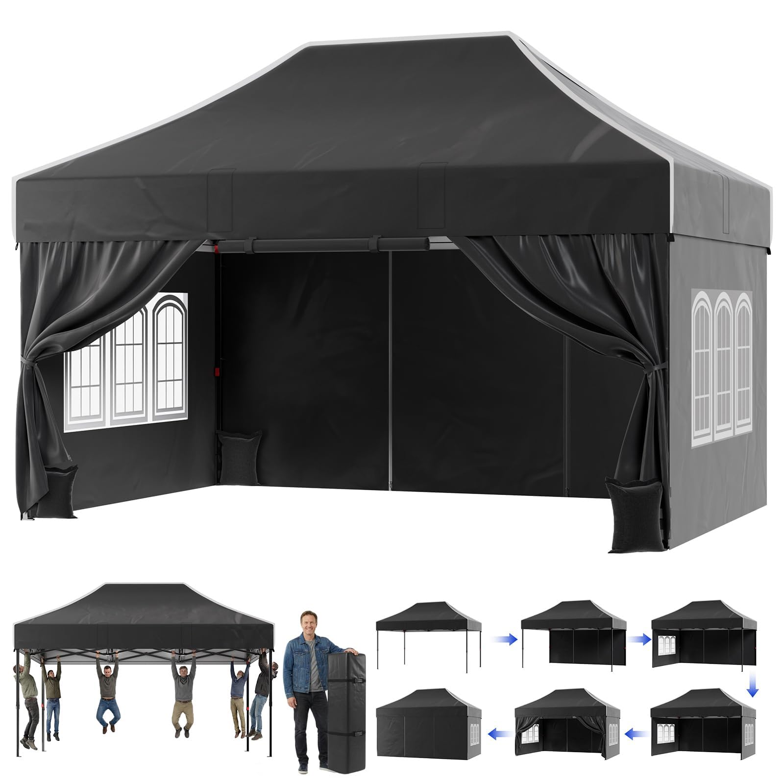 JUMMICO 3x4.5m Schwerlast-Faltpavillon für Extremes Wetter｜Spitzdach & 110g silberbeschichtetes Oxford｜Verstärkte Klettfixierung｜Mehr Stauraum & Stabilität