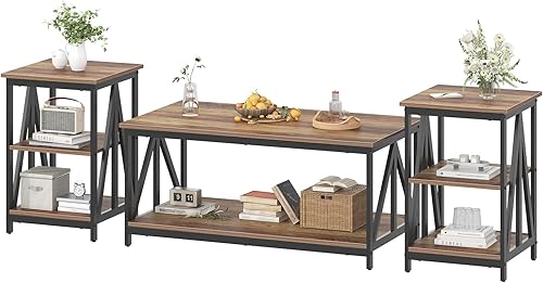 Miniatura 10 de Bigbiglife Juego de 3 mesas de centro para sala de estar, mesa auxiliar industrial de diseño X y 2 mesas auxiliares, juego de mesa de sala de estar