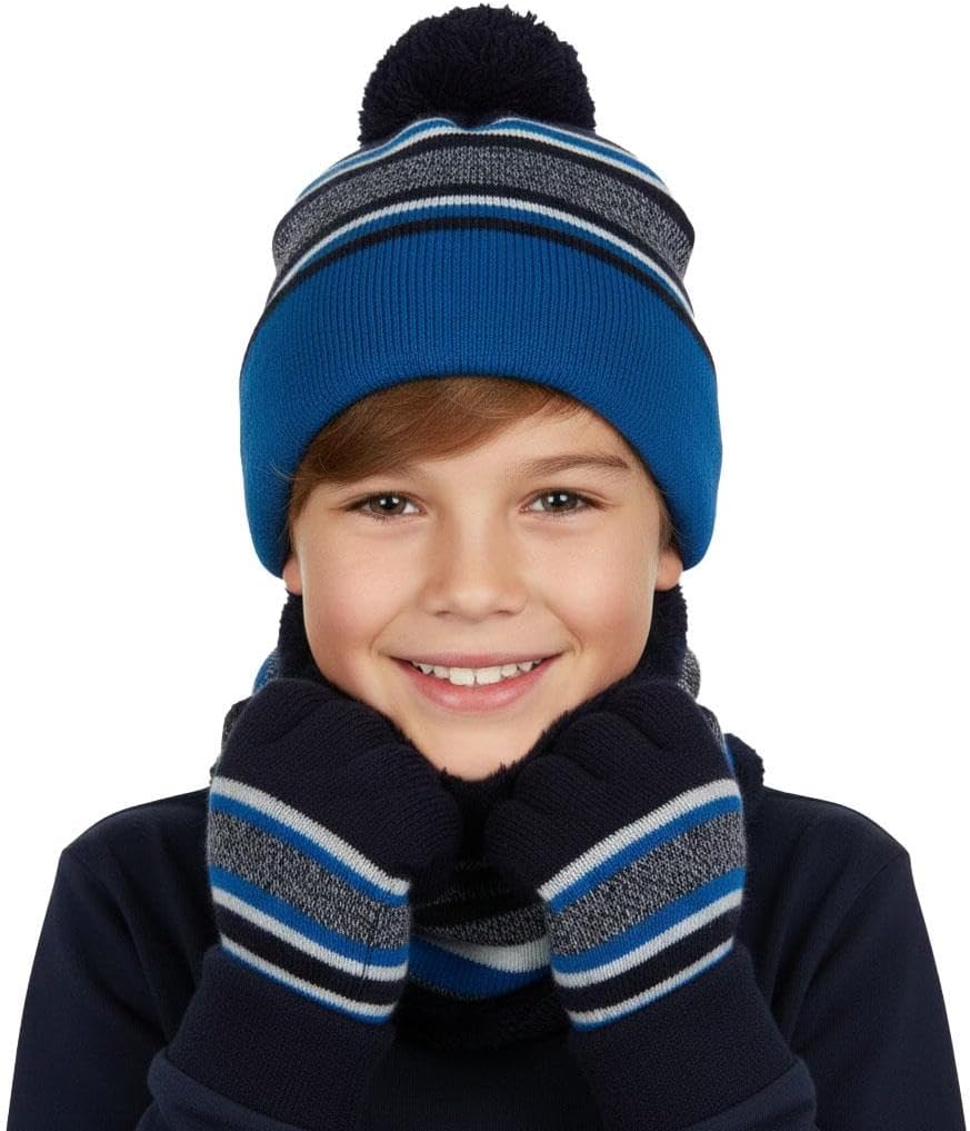 A2Z 4 Kids Boys Hat Scarf Gloves Set Knitted Scarf Beanie Pom Pom Cap Gloves Set Durable Cozy Accessories Sets