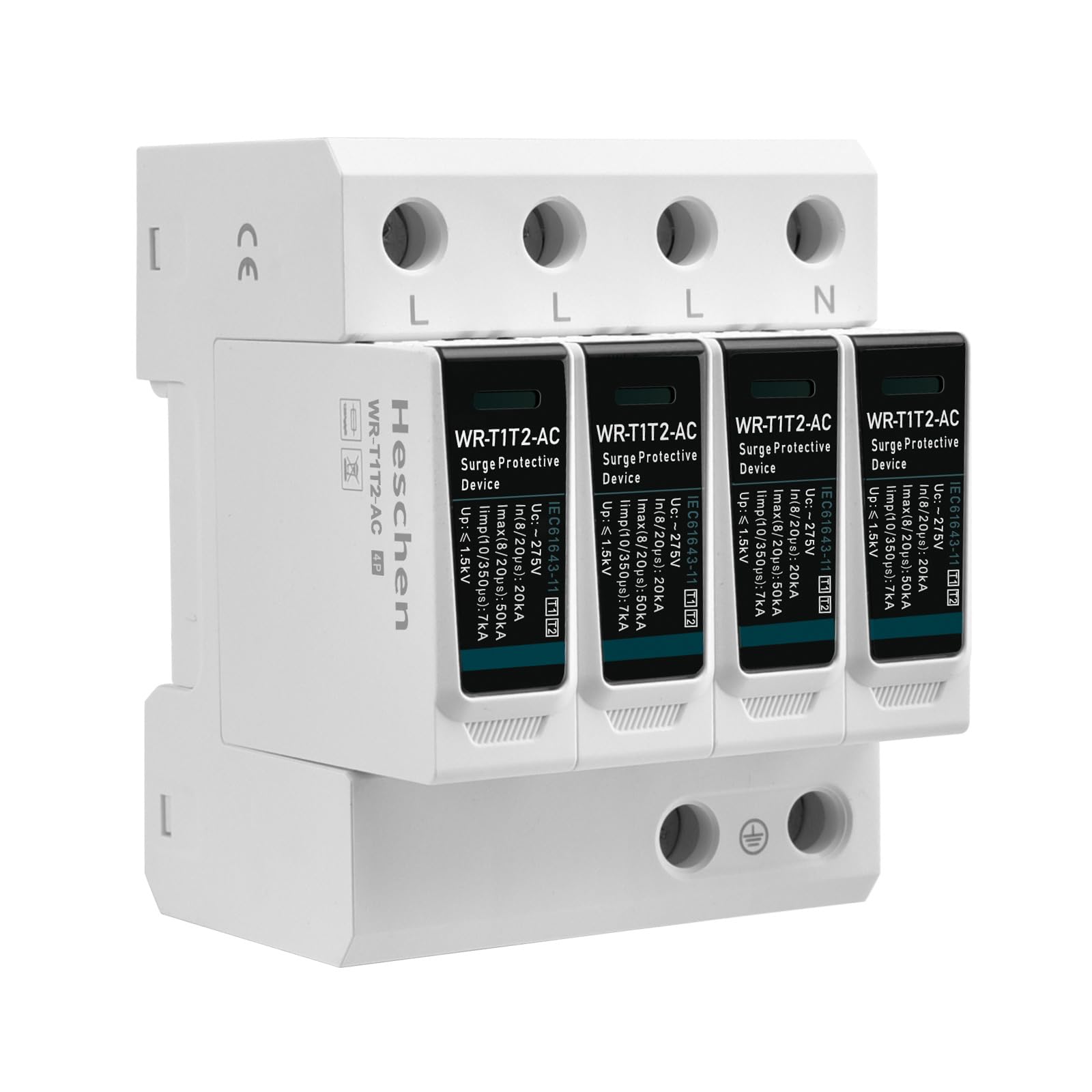 Heschen Dispositivo di protezione contro le sovratensioni SPD, WR-T1T2-AC, 4P 275V, in 20kA, Iimp 7kA, tipo T1+T2, ignifugo, dispositivo di parafulmine a bassa tensione, montaggio su guida DIN 35