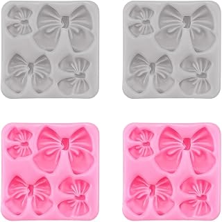 4Pcs Silicone Bow Molds for Cakes, Cupcakes, Chocolate, Candy, Sugar Craft, and Resin Crafts - Pink and Gray Bow Mold Set