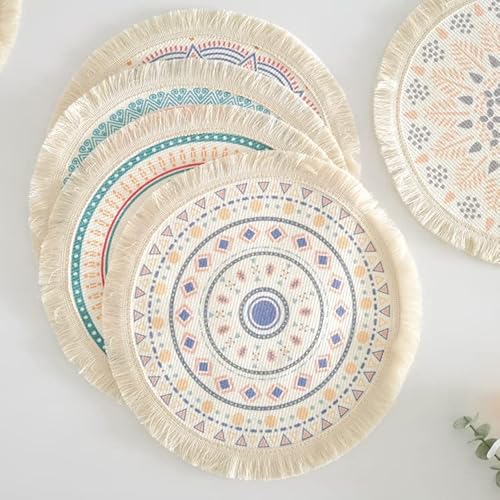 Kitchen Table Placemats Set Of 6 With，Round Handmadewoven Fringe Placemat，For Dining Room, Kitchen, Place Mats For Parties,Use-Size 13×13 Inches #TOP2