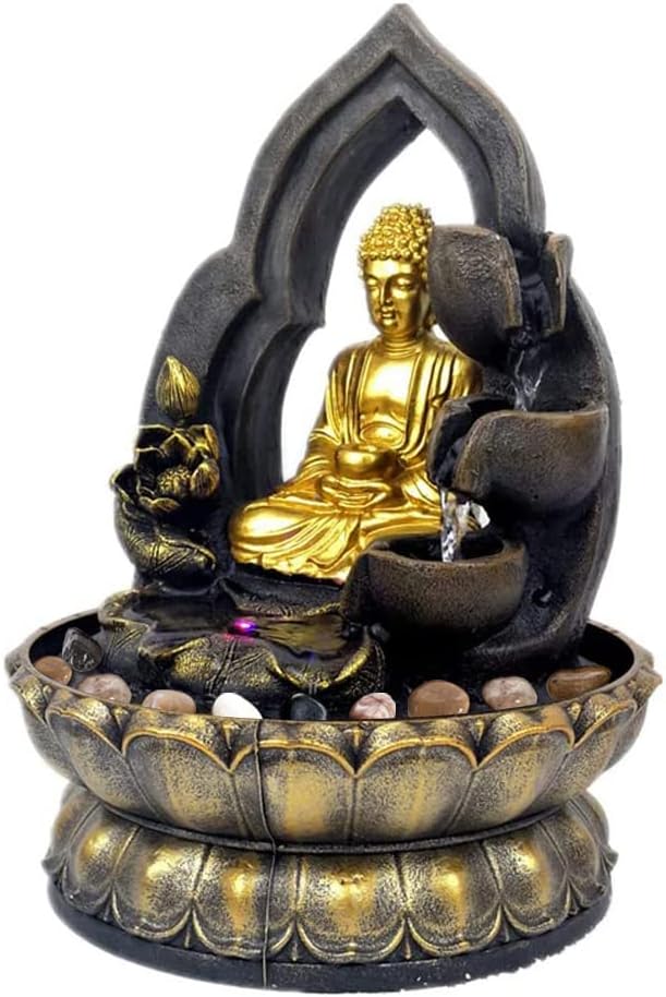 11.8" Buddha Tabletop Fountain with LED Light, Indoor Relaxation Meditation Zen Decoration with Natural River Rocks, Water Fountain Decoration for Home, Office, Bedroom (Gold)