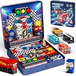 Burgkidz Blocs magnétiques Garçons Voyage : 48PCS Racing Magnetic Building Blocs dans 2-in-1 Cas de voyage en étain - N32 Les aimants restent en place sur les voitures Bumpy - Jouets de voyage sur route pour les garçons 3-8