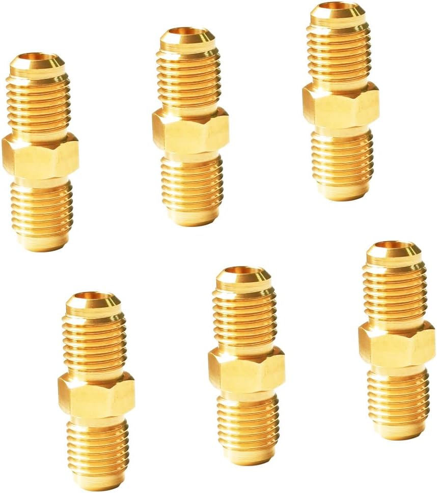 HQMPC Brass Flare Fitting Gas Connector Gas Adapter Union Bras Tube Coupler Brass Pipe Flared Fitting 1/4" FlareX1/4" Flared 6Pcs