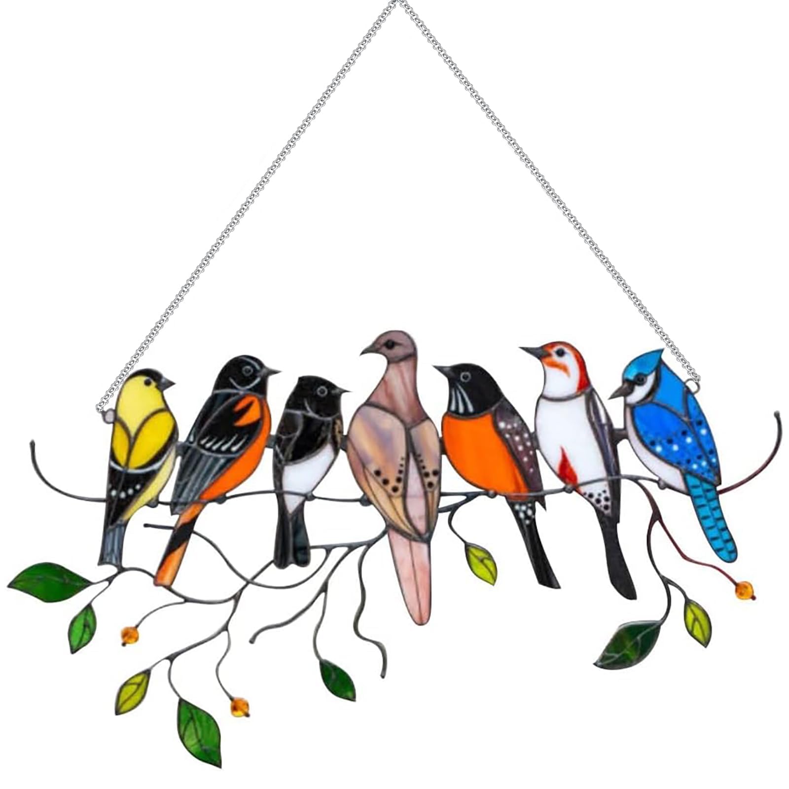 SYOSI Stained Glass Window Hangings Double Sided 7 Multicolor Bird Ornaments Hanger on a Branch Gifts for Bird Lover Metal Suncatcher for Window Home Garden Outdoor Wall Fence Decorations