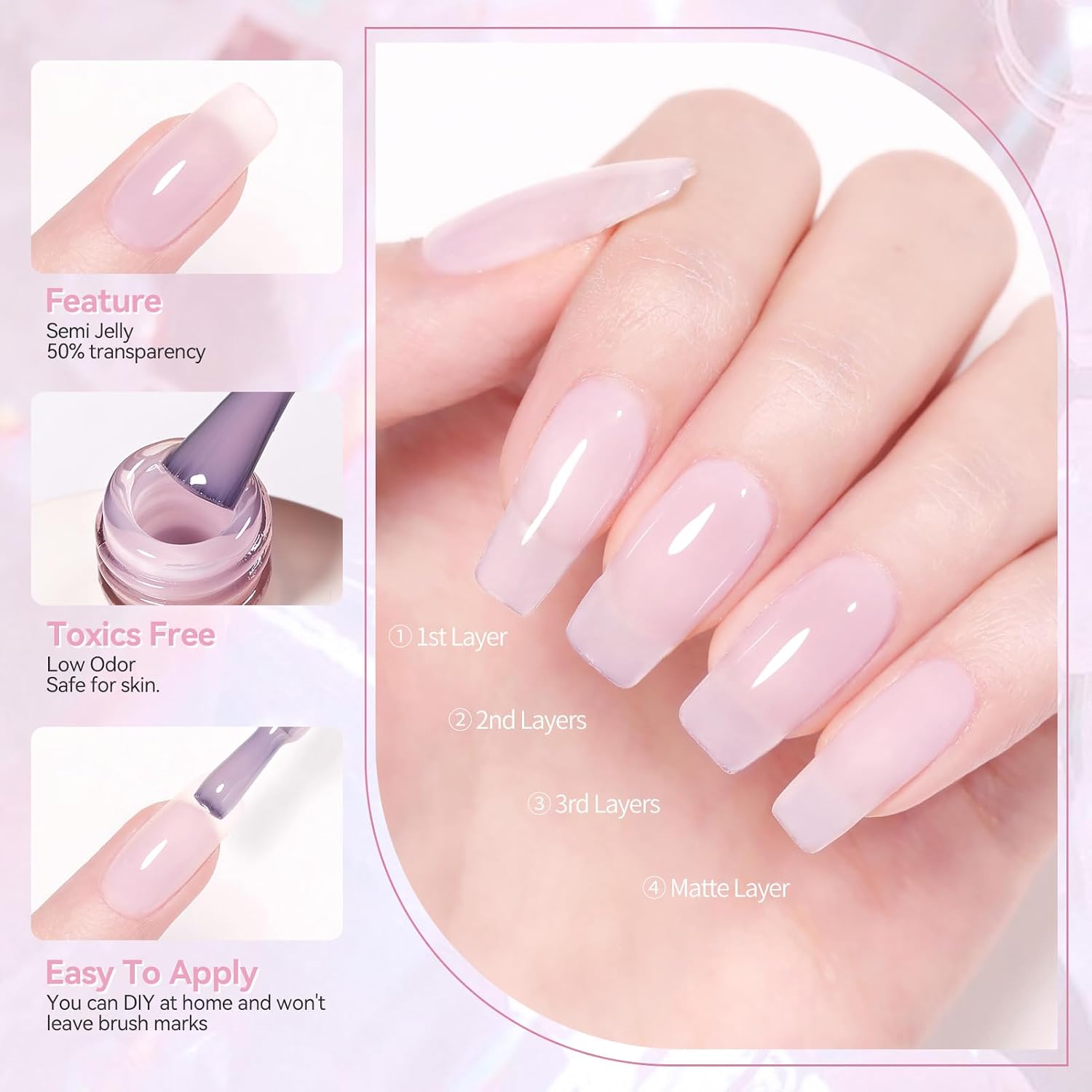 Born Pretty Jelly Soft Mist Pink Purple Gel Nail Polish,Sheer Translucent image 5