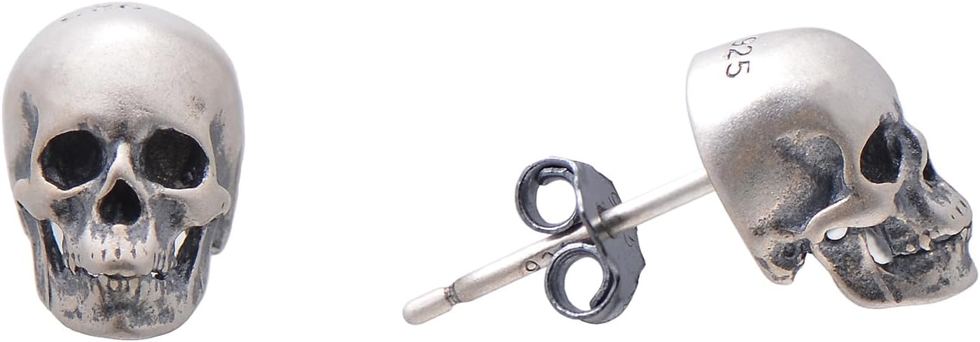 Paialco Sterling Silver Antiqued Skull Stud Earrings for Men Women, Cool Mens Earrings Hypoallergenic