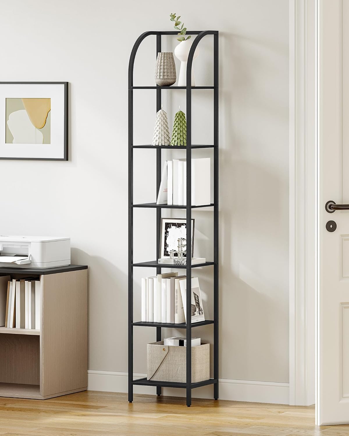 Bookshelf Narrow Bookcase, Tall Storage Rack with Steel Frame, Display Standing Shelf Unit, Skinny Book Shelf for Study Living Room Home Office, Industrial Style, 6-Tier Black BC56004B