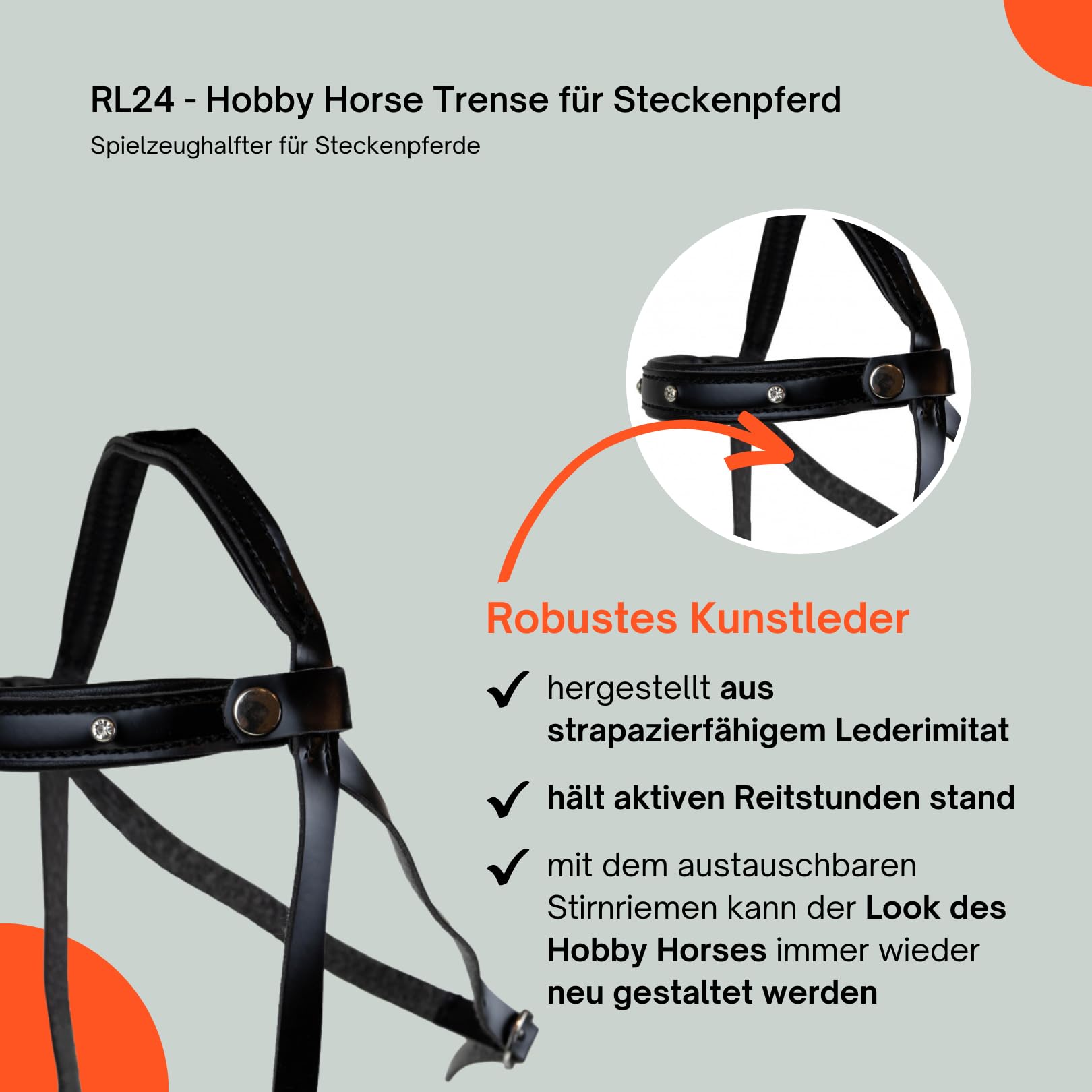 RL24 - Hobby Horse Trense für Steckenpferd – austauschbares Stirnband – aus Kunstleder – Hobby Horse Zubehör – Stockpferd Trense in Schwarz