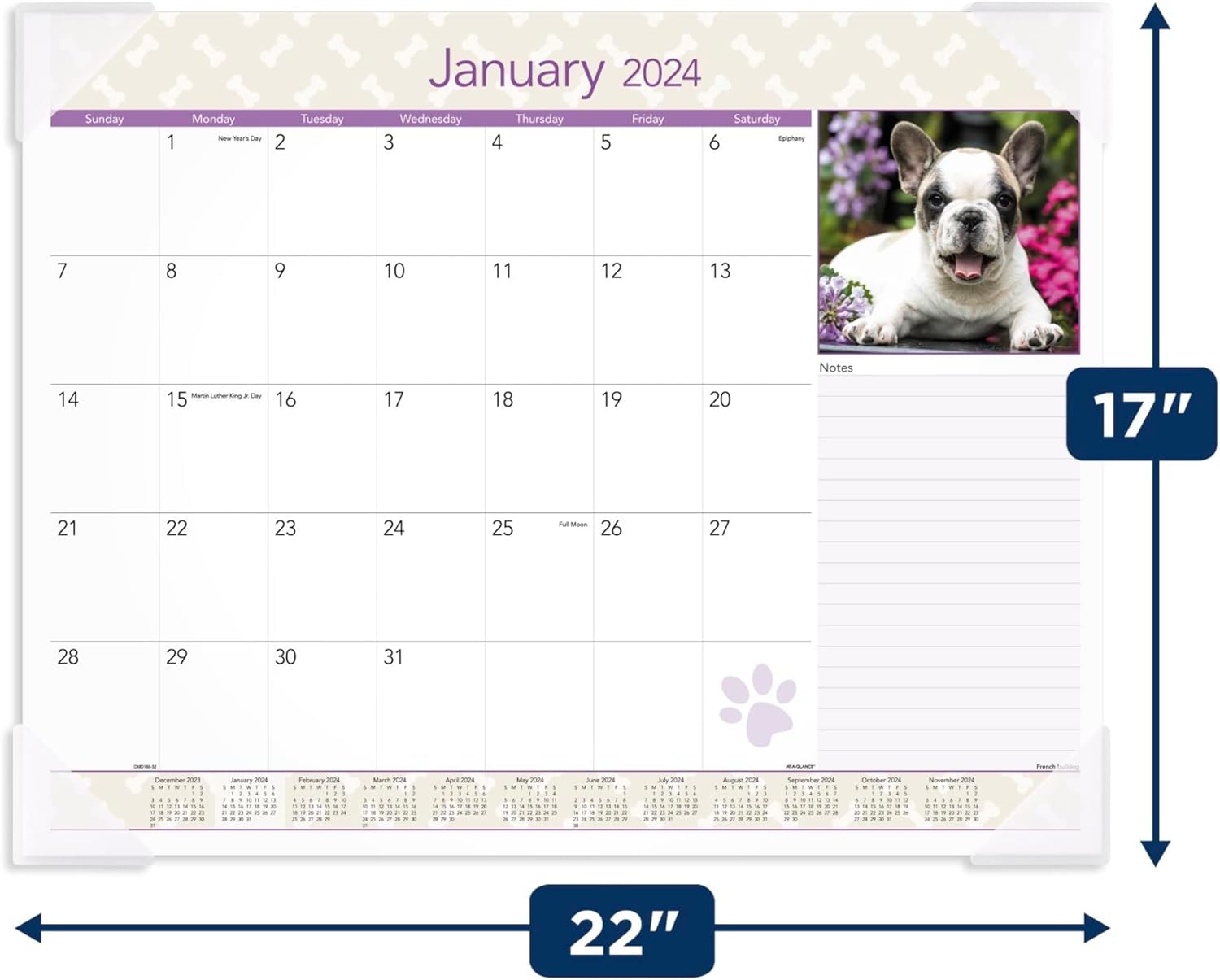 2024 AT-A-GLANCE® Monthly Desk Pad Calendar, 21-3/4" x 17", Puppies, January To December 2024, DMD16632