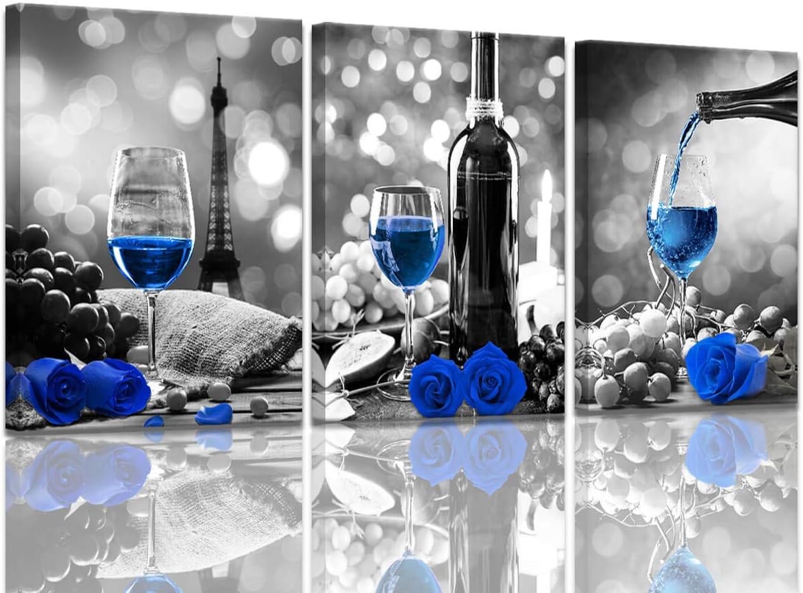 Wine Decor Kitchen Canvas Art Blue Wine Rose Artwork for Home Walls Black and White With Blue Wine Painting Printed Rose Art Dining Room Decor Blue Kitchen Pictures Wall Decor Stretched 12x16inches x3