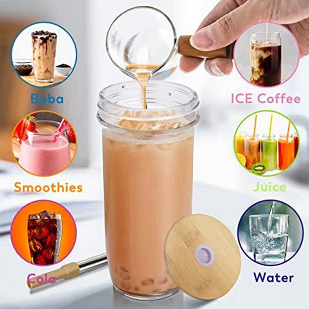 Szklana butelka, 680 ml, szklany kubek z bambusową pokrywką i słomką, szeroki otwór, słoik na smoothie, sok, herbatę, mrożoną kawę