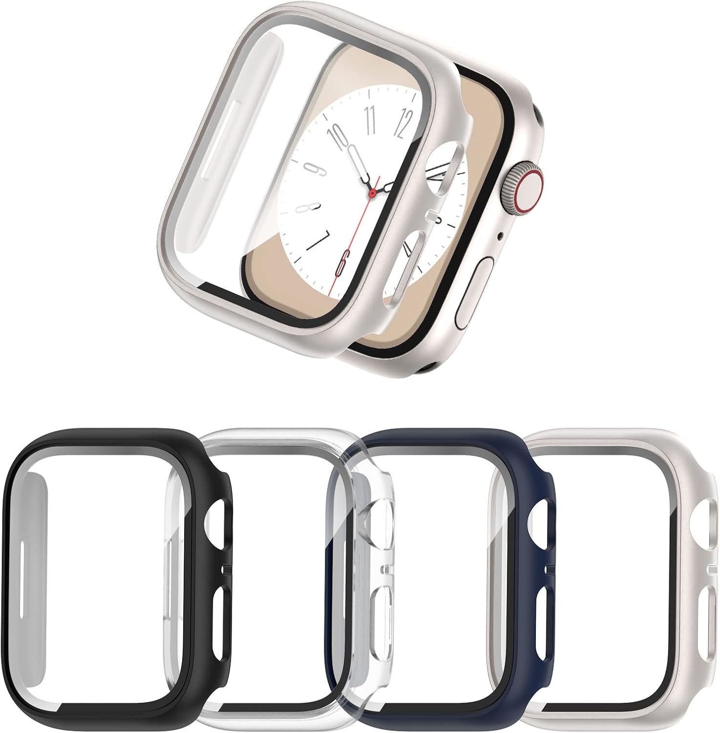 4 Pack] for Apple Watch 8 &iuml;&frac14;&dagger; 7 Screen Protector 45mm, Hard PC Ultra-Thin Protective Face Cover Built-in Tempered Glass Film 8/7 Black/Clear/Blue/Starlight