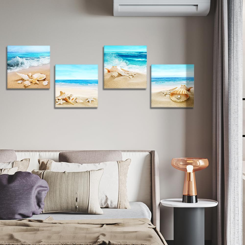Artscope 4 Pieces Canvas Prints Wall Art - Picture Painting- Modern Wall Artwork Framed for Bathroom Home Office Decor - 12 x 12 Inch (Beach Shells and Sea, 12x12)