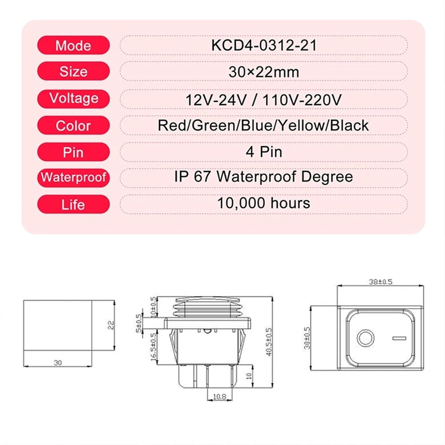 30A 250VAC 12V 24V Waterproof KCD4 Rocker Switch on Off DPST Rocker Switch IP67 Switch on Off on with LED Lamp Illuminated(Blue,12-24V LED)