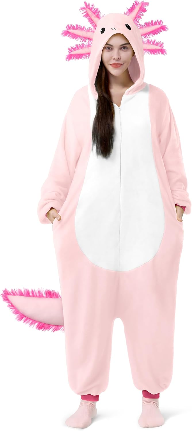 Spooktacular Creations Halloween Axolotl Costume, Kids Axolotl Costume, Zip-Up Hooded Jumpsuit for Halloween Cosplay Party