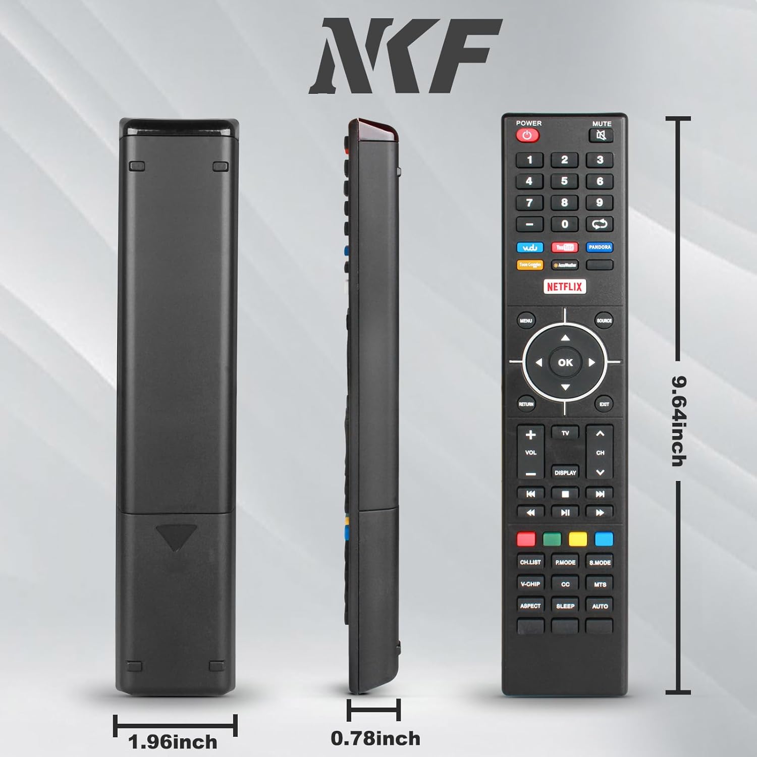 Side and front view of the remote control with dimensions labeled