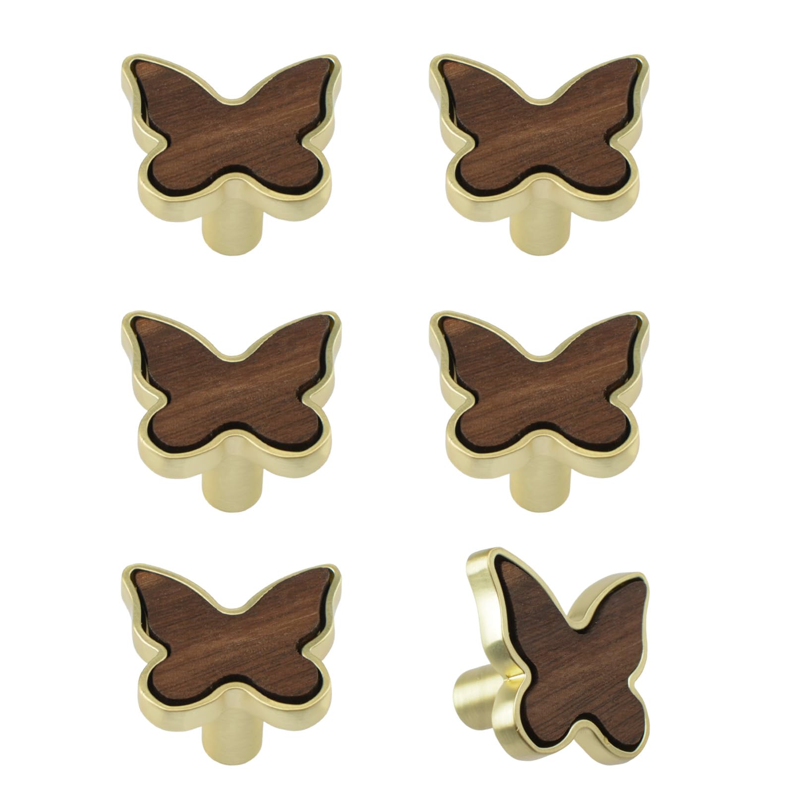 MOROBOR Decorative Butterfly Cabinet Knobs, 6 PCS Creative Dresser Drawer Pulls Furniture Cupboard Door Pull Handles Single Hole Zinc Alloy Furniture Knobs/Gold Base with Walnut Surface — image 1