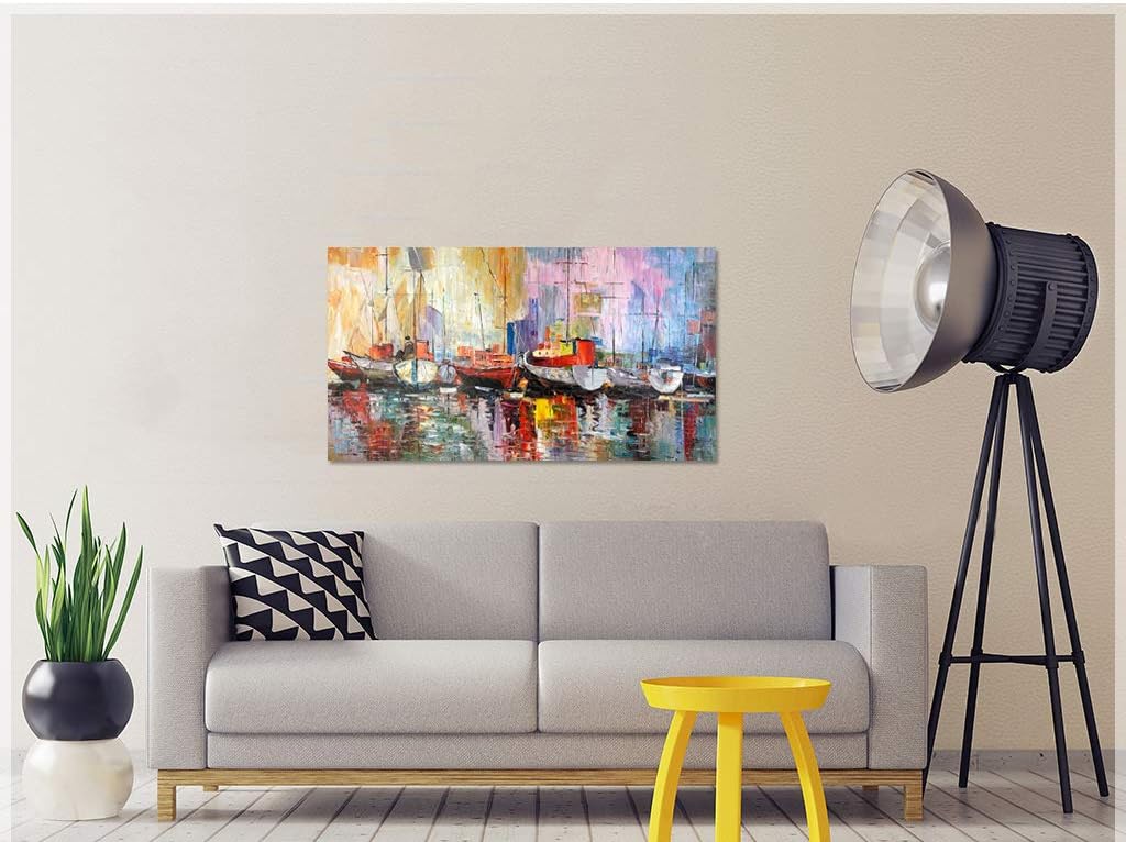 Bouvy Art,24x48Inch Colorful Hand Painted Sailboat Oil Painting Abstract Modern Canvas Artwork Romance Seascape Wall Art Stretched and Framed Ready to Hang Home Wall Decoration
