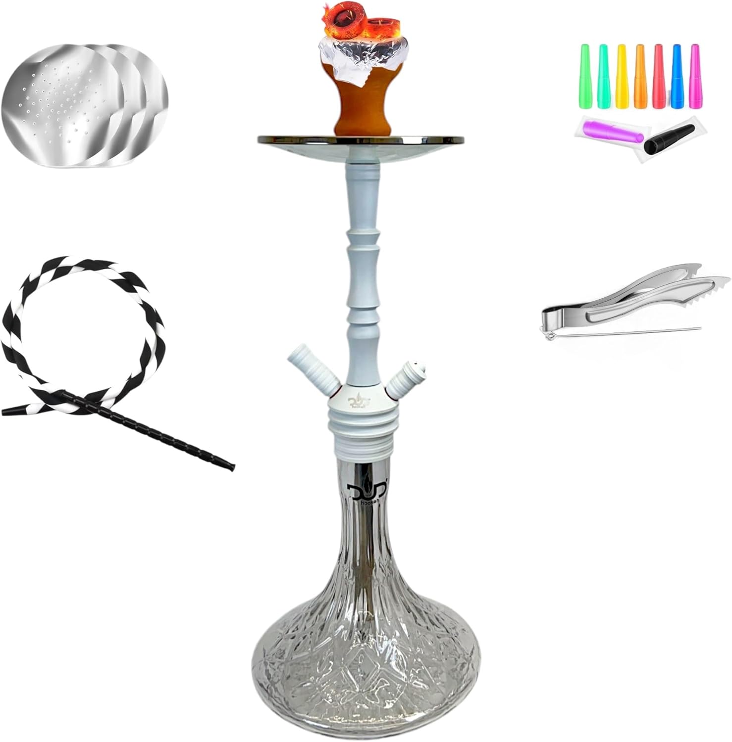 DUD Hookah Massaradi White 24" Portable Single Hose Premium Shisha Set, Sturdy Glass Vase & Metal Stem with Accessories Ceramic Bowl and Coal Tongs Ashtray