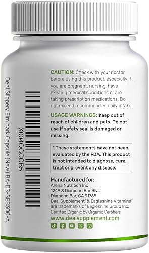 Miniatura 7 de DEAL SUPPLEMENT Cápsulas de olmo resbaladizo  300 píldoras, hechas con extracto orgánico de polvo de corteza interior  hierba natural para calmar la