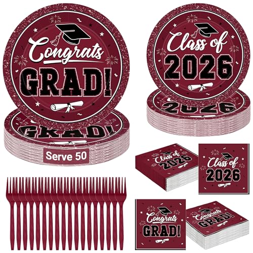 QZYL 200Pcs Graduation Supplies Set Burgundy Graduation Plates Napkins Dessert Plates and Plastic Forks Disposable Grad Party Supplies for 50 Guests Grad tableware for 2026 School Ceremony