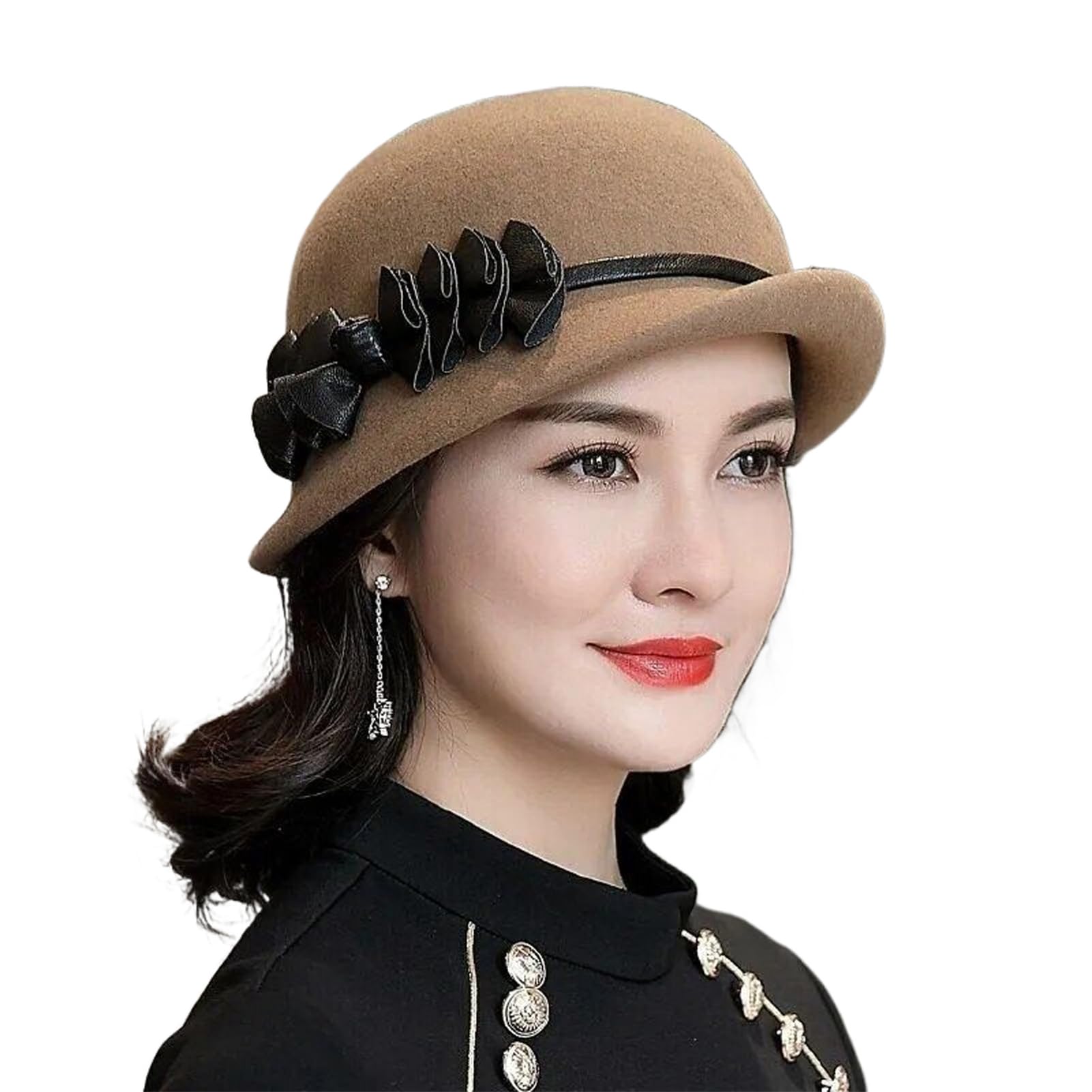 Zimowy wełniany damski elegancki asymetryczny rondo filcowy kapelusz typu cloche (khaki95558cm M)