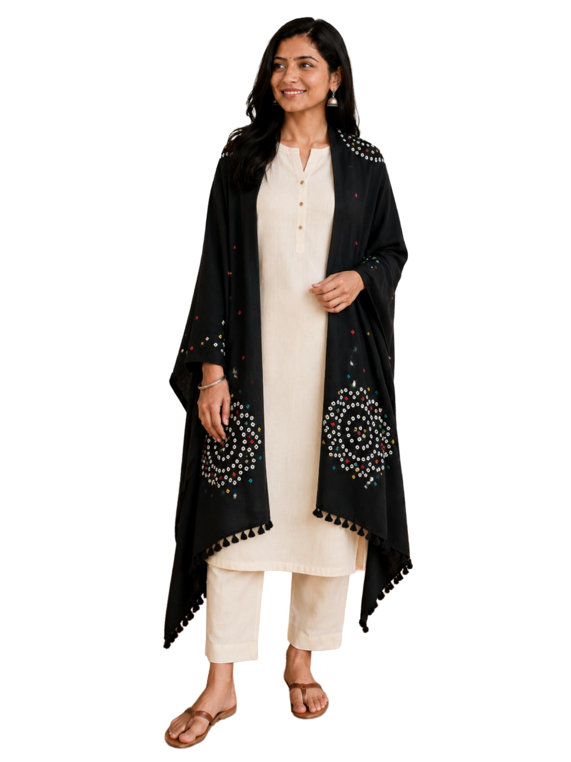 Women Bandhej [ Tie-Dye] Wool Fine Mirrorwork Shawl - 2 Mtr Length (Black 10C02B)-image-41
