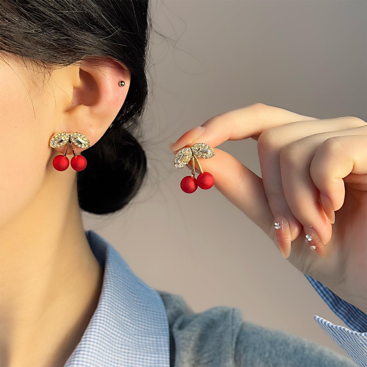 Trendy Red Small Cherry Earrings for Women Girlfriend 18K Gold Fruit Stud Earring Rhinestone Leaf Cherry Stud Earrings Joyful Wedding Jewelry - Image 3