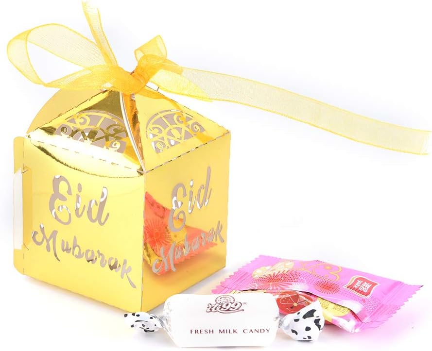 LIGONG 10PCS Eid Mubarak Candy Box Set Eid Mubarak Paper Gift BagParty Favor Gift Box, Muslim Islamic Party Supplies(Golden) (10PCS)