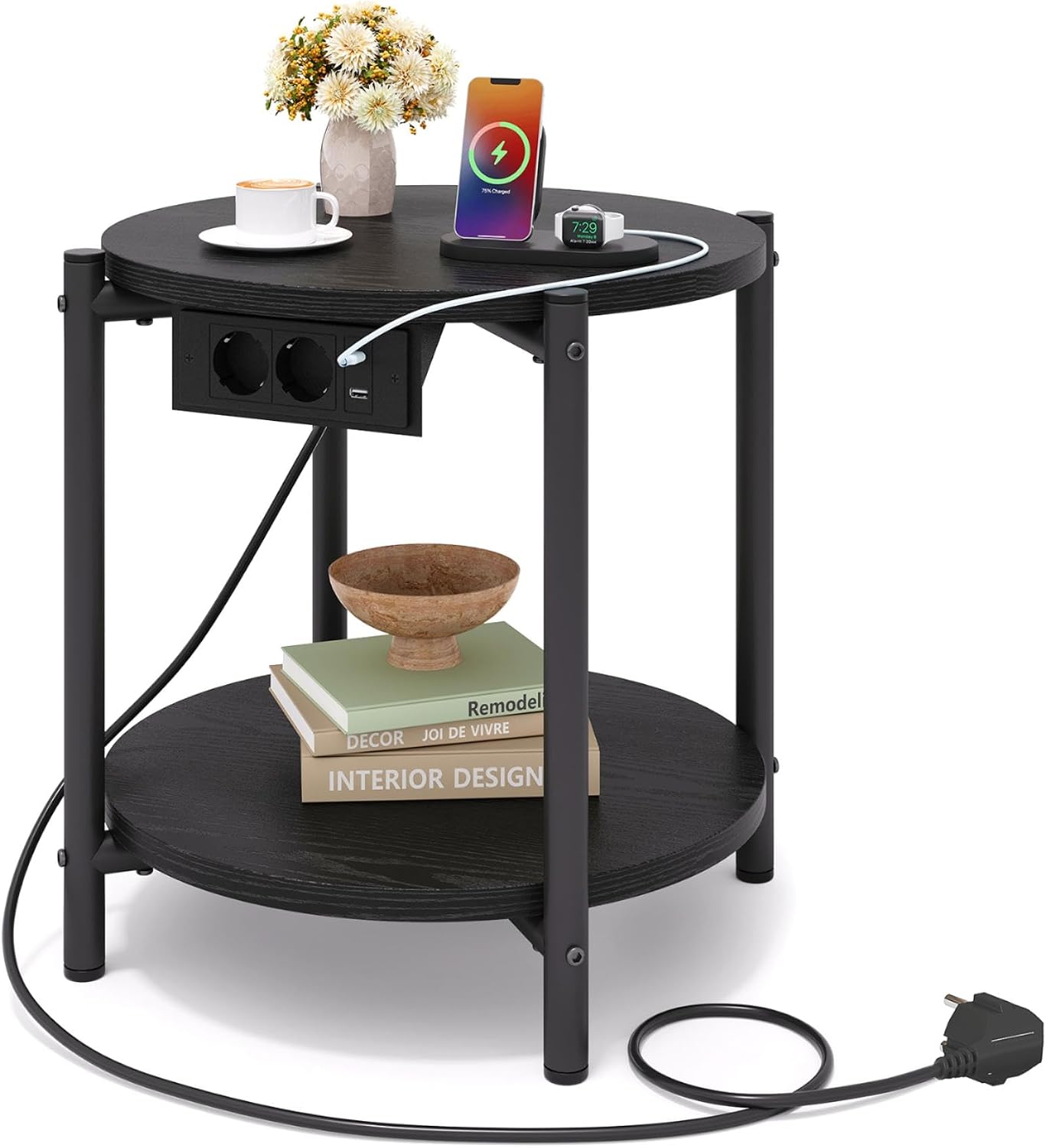 ⚡ BLITZDEAL (-71%) IRONCK Beistelltisch rund, Couchtisch mit Steckdose, Kleiner Tisch Holz, Wohnzimmertisch 2 Ablagen,Sofatisch,USB & Type-C-Anschluss, Metallrahmen, Nachttisch für Schlafzimmer (Schwarz, 1 Stück)