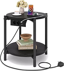 IRONCK Beistelltisch rund, Couchtisch mit Steckdose, Kleiner Tisch Holz, Wohnzimmertisch 2 Ablagen,Sofatisch,USB & Type-C-Anschluss, Metallrahmen, Nachttisch für Schlafzimmer (Schwarz, 1 Stück)