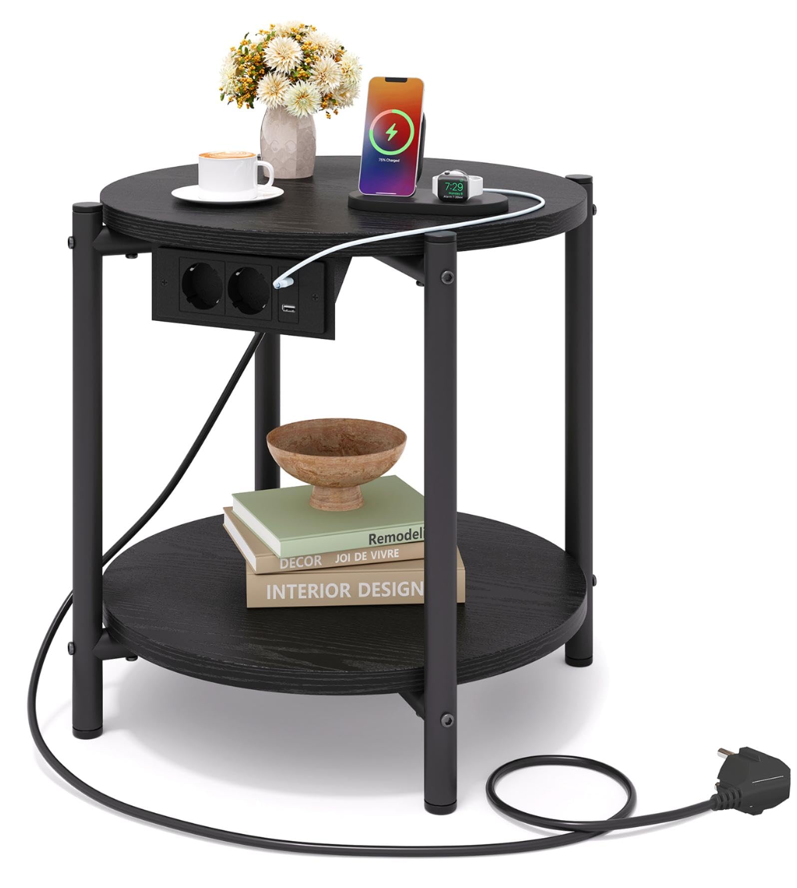 IRONCK Round Side Table, Coffee Table with Socket, Small Wooden Table, Living Room Table, 2 Shelves, Sofa Table, USB  Type-C Connection, Metal Frame, Bedside Table for Bedroom ⟮Black, Pack of 1⟯