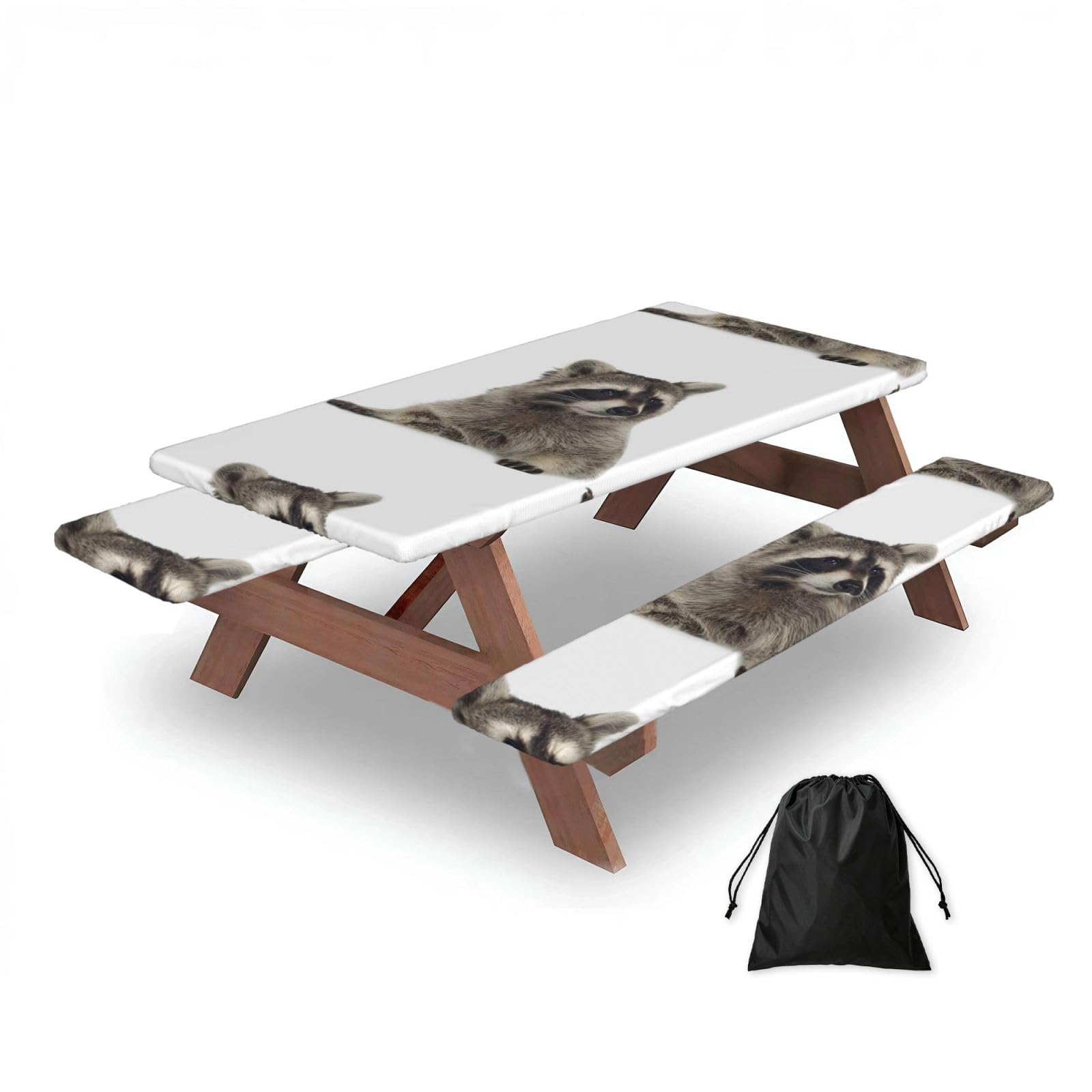 Dopklna As Picture Hairy Raccoon, Picnic Table Cover With Bench Covers -Waterproof Elastic Fitted Tablecloth For Garden Camping Patio 76X152cm