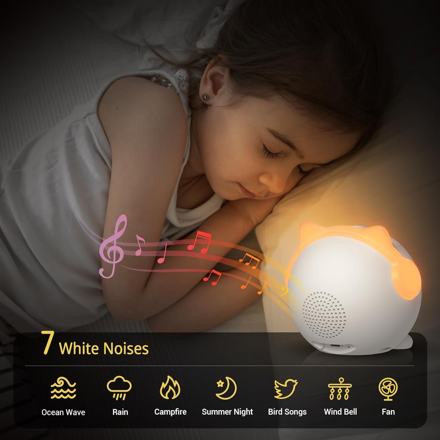 Illustration of 7 white noise options: Ocean Wave, Rain, Campfire, Summer Night, Bird Songs, Wind Bell, Fan