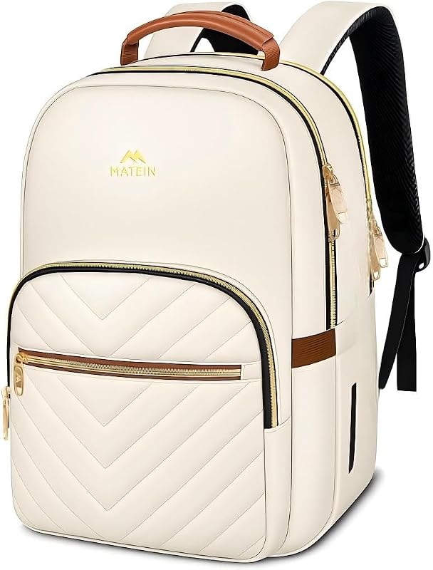 MATEIN Mochila escolar ligera para mujer, mochila para portátil de 15,6 pulgadas | Diseño delgado, bolso de moda para profesora y enfermera, con asas de cuero, mochila informal perfecta, para el trabajo y los desplazamientos, color beige