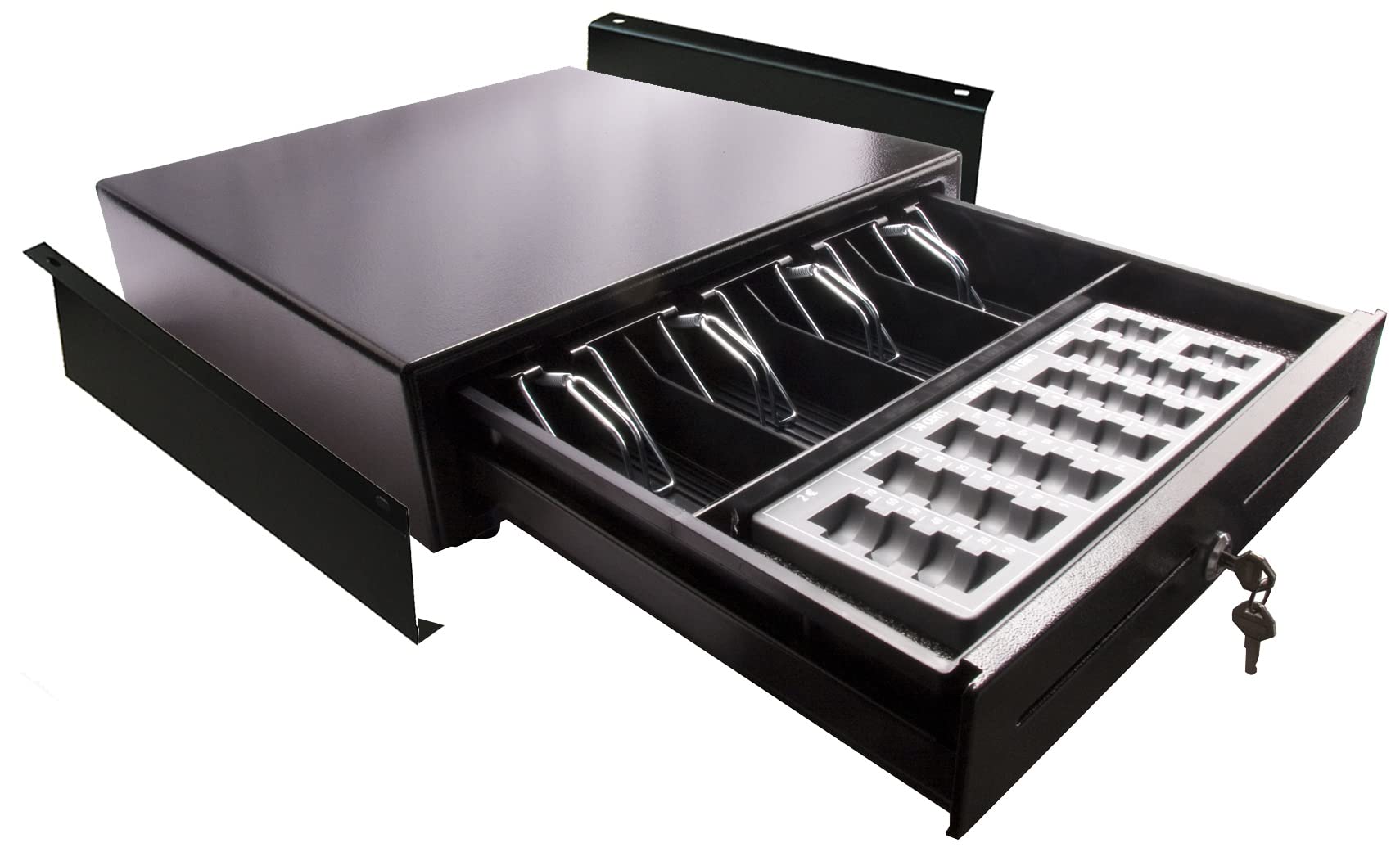 MIDI Kassenschublade iQCash350MU mit Münzbrett & Untertischhalterung, 350x400x100mm, RJ11/RJ12, Schwarz, Münzzählbrett, Kassenlade, Geldschublade