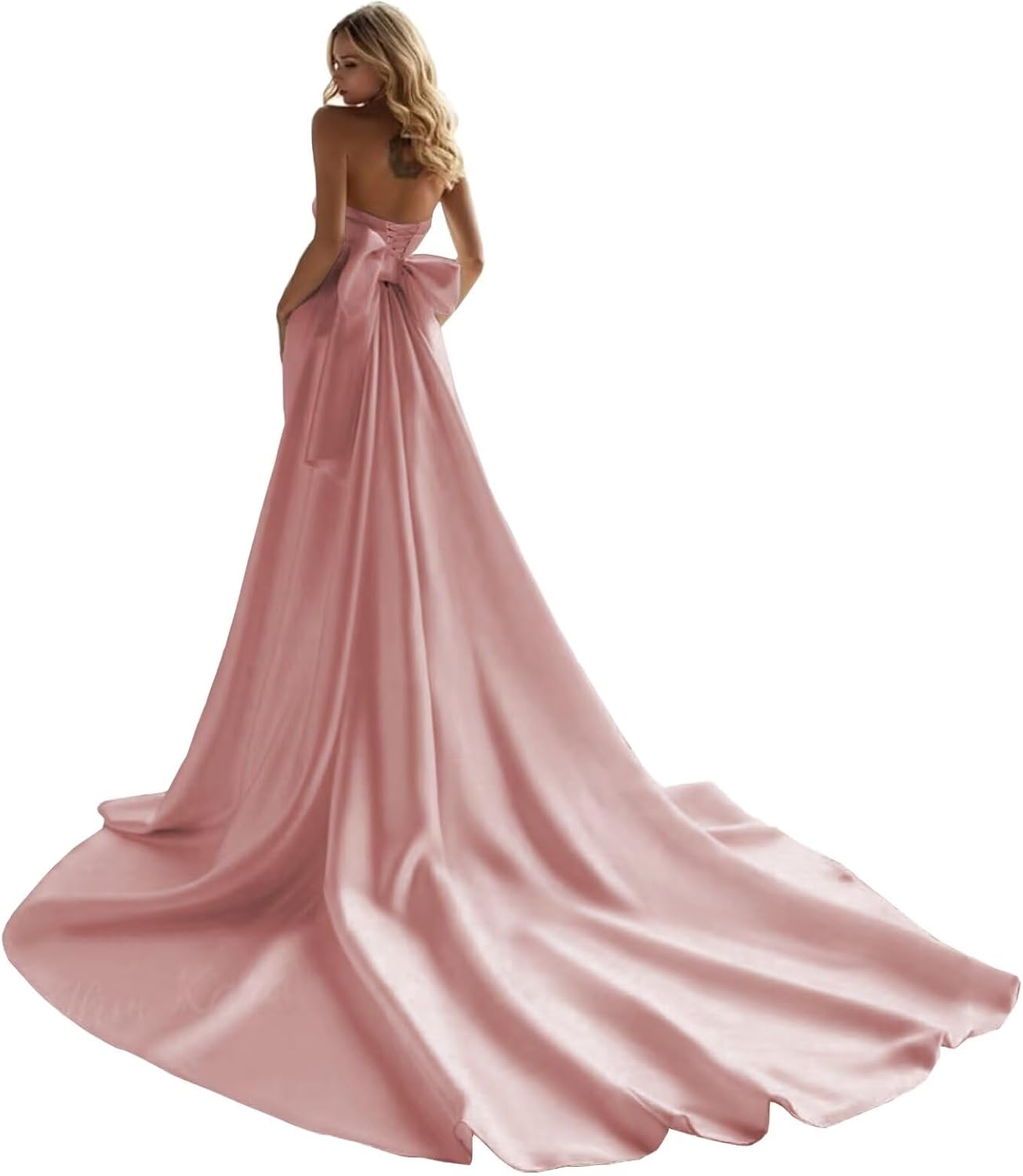 Mouccy Simple Mermaid Wedding Dresses for Bride Satin Strapless Bridal Gowns with Bow Sheath Wedding Gown with Train