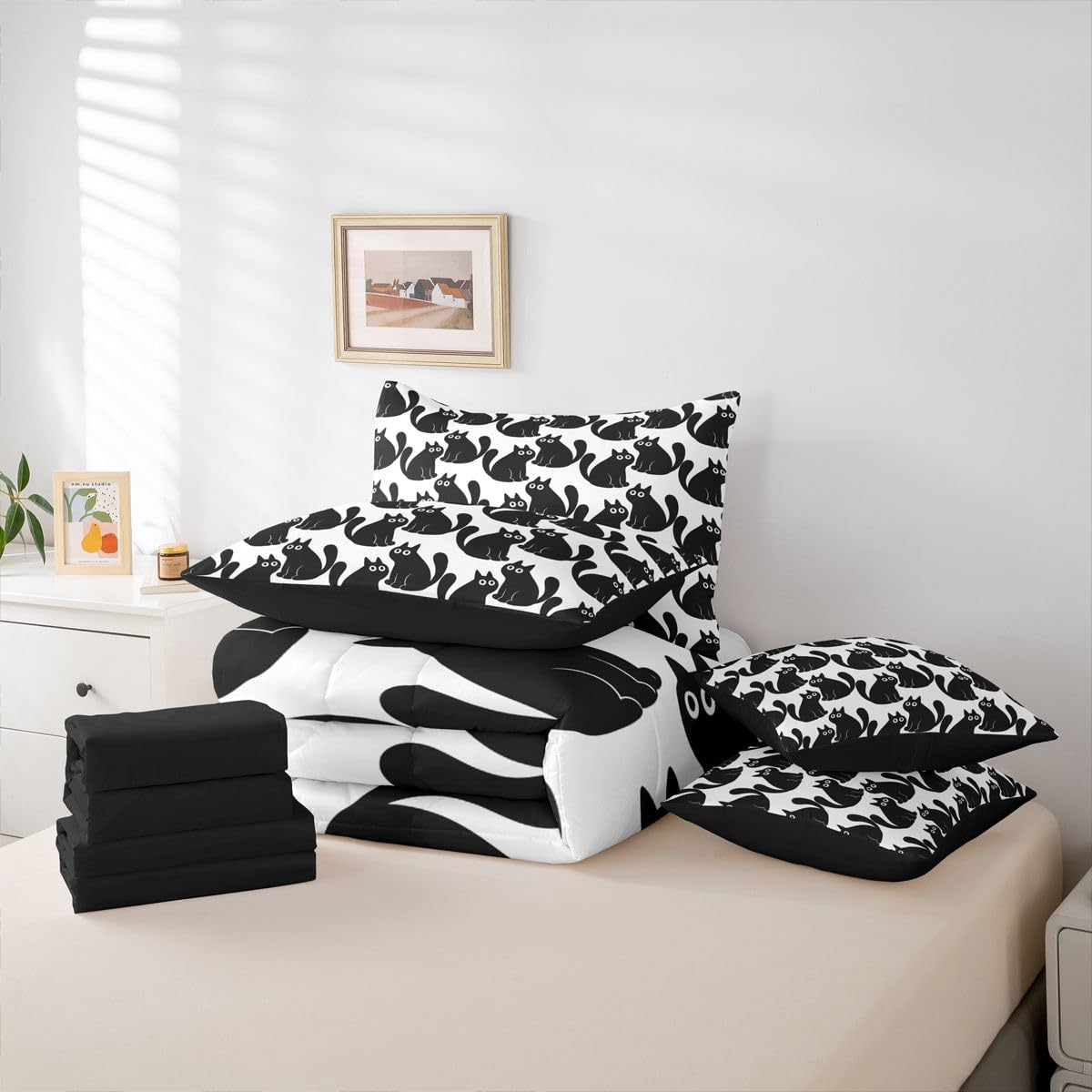 Castle Fairy Cute Black Cat Comforter Set with Sheets - Funny Kitten Queen Size 7 Piece Boys Lovely Pet Animals Bed in a Bag Cartoon Cats Girls Bedroom Decor,4 Pillow Covers image 5
