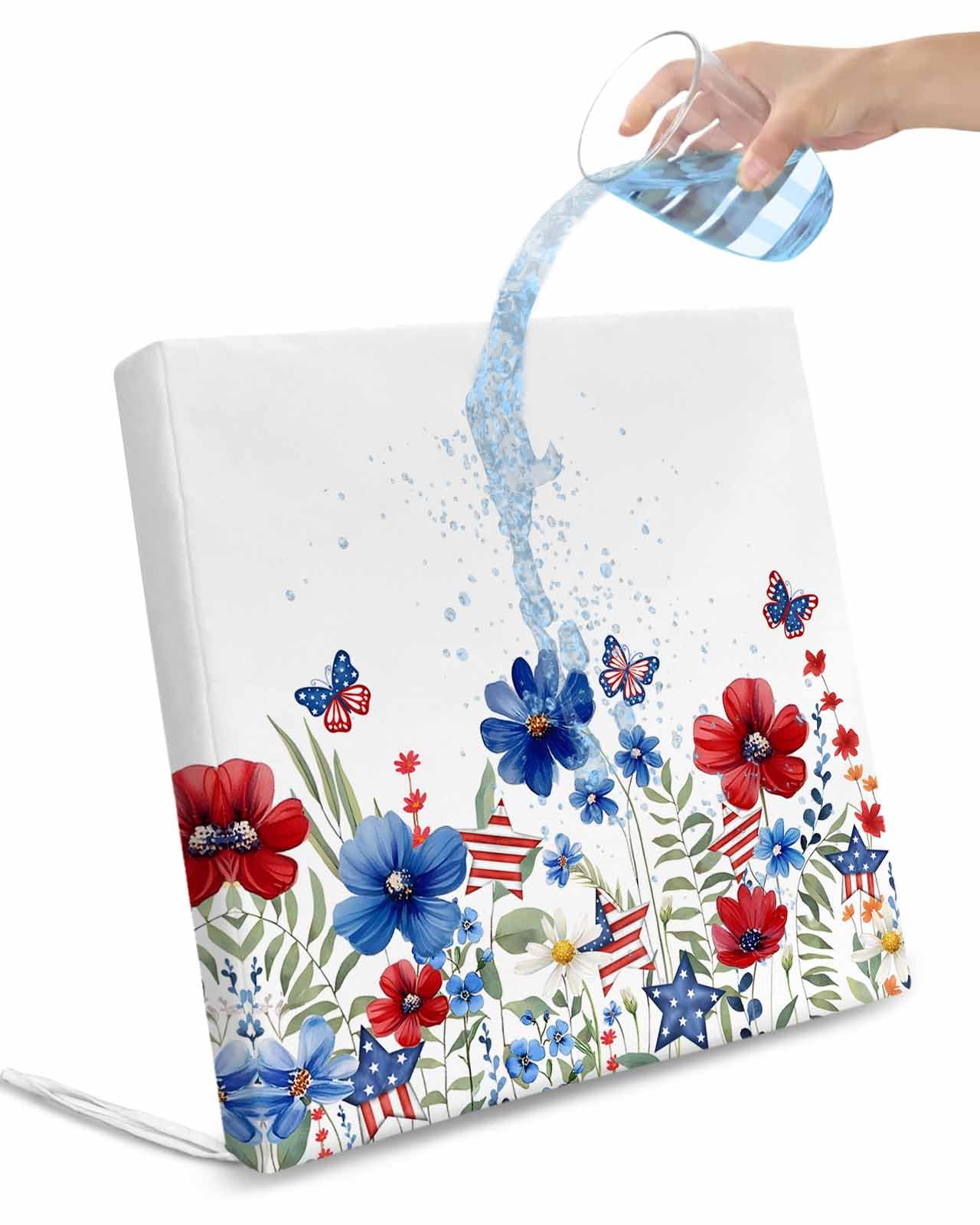 4th of July Outdoor Cushion Chair Cover Set of 4 - Waterproof Couch Seat Covers, Independence Day Red Blue Floral Butterfly Patio Furniture Protector Cushions Slipcovers for Sofa/RV, 24