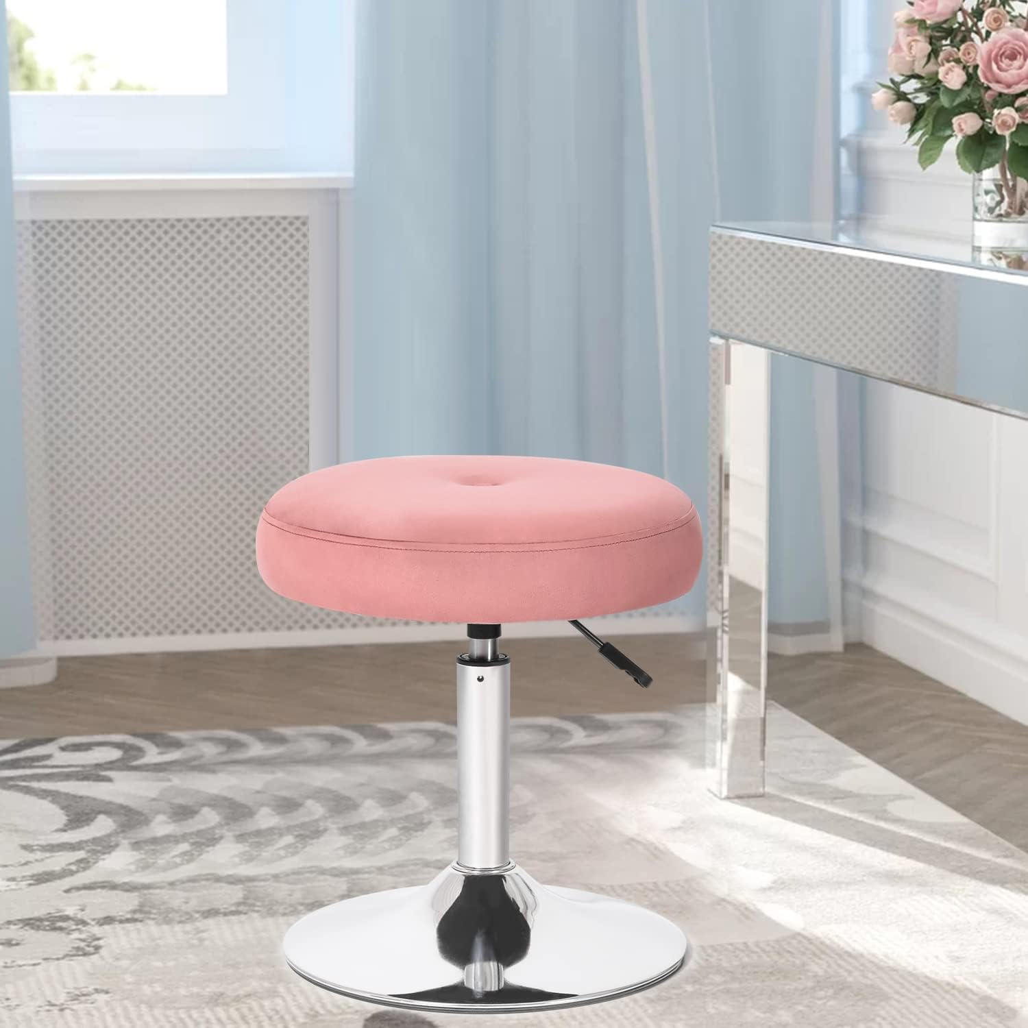 Homebeez Adjustable Velvet Round Ottoman, 360° Swivel Freely Vanity Stool Makeup Stool Vanity Chair, Pink